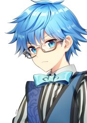 Rule 34 | 1boy, blue eyes, blue hair, bow, bowtie, fate/grand order, fate (series), glasses, hans christian andersen (fate), looking at viewer, male focus, milcho, short hair, simple background, solo, upper body, vest, white background
