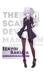 Rule 34 | 1girl, alternate costume, bat ornament, belt, black pantyhose, blue eyes, braid, character name, closed mouth, coat, dress, full body, gloves, hair ribbon, hand in pocket, highres, holding, holding knife, izayoi sakuya, knife, light purple hair, looking at viewer, nian (zhanian), pantyhose, pigeon-toed, ribbon, short dress, simple background, smile, solo, standing, touhou, tress ribbon, twin braids, watch, white background, white dress, white gloves, wristwatch