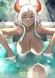 Rule 34 | areola slip, breasts, floating breasts, highres, horns, large breasts, long hair, nude, one piece, partially submerged, solo, water, yamato (one piece)