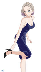 Rule 34 | 1girl, absurdres, adjusting footwear, azur lane, blue dress, blush, breasts, cleavage, collarbone, dress, evening gown, green eyes, grey hair, halterneck, high heels, highres, long dress, medium breasts, new orleans (azur lane), parted lips, pumps, sideboob, simple background, sleeveless, sleeveless dress, solo, spaghetti strap, standing, standing on one leg, white background, yto (tjyj7738)