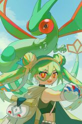 Rule 34 | 1girl, absurdres, bandaged arm, bandages, cape, claws, creatures (company), crop top, double bun, dragon, fangs, flygon, game freak, gen 3 pokemon, gloves, great ball, green hair, ground miku (project voltage), hair between eyes, hair bun, hatsune miku, highres, long hair, looking at viewer, midriff, nagomi ( nagomi ), nintendo, open mouth, orange eyes, poke ball, pokemon, pokemon (creature), project voltage, sky, smile, twintails, very long hair, vocaloid, white gloves