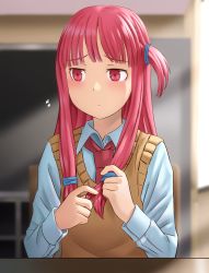 Rule 34 | 1girl, blunt bangs, closed mouth, collared shirt, flying sweatdrops, frown, furrowed brow, twirling hair, indoors, kotonoha akane, kurione (zassou), long hair, long sleeves, necktie, one side up, pink eyes, pink hair, pink necktie, school uniform, shirt, solo, straight hair, sweater vest, upper body, voiceroid, white shirt