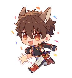 Rule 34 | 1boy, animal, belt, black gloves, black shirt, brown eyes, brown hair, chibi, clenched hands, commentary, confetti, ensemble stars!, extra ears, gloves, hair between eyes, highres, jacket, jewelry, long sleeves, male focus, morisawa chiaki, necklace, neki (nekiansu0918), open clothes, open jacket, open mouth, shirt, short hair, solo, star (symbol), star necklace, teeth, upper teeth only