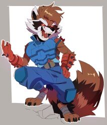 1boy animal_ears artist_name claws commentary digitigrade english_commentary fangs furry furry_male hand_on_own_hip highres komoroshi male_focus marvel marvel_rivals open_mouth raccoon_boy raccoon_ears raccoon_tail red_eyes rocket_raccoon spiked_gauntlets tail whiskers