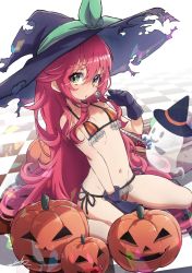 Rule 34 | 1girl, bare shoulders, between legs, bikini, black gloves, blush, bra, breasts, candy, checkered floor, commentary request, food, ghost, gloves, green eyes, groin, hair between eyes, hat, highres, holding, lollipop, long hair, looking at viewer, mori shin risuku, navel, open mouth, original, panties, pumpkin, red hair, side-tie panties, signature, sitting, small breasts, solo, swimsuit, torn clothes, torn hat, underwear, very long hair, wariza, witch, witch hat