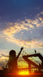 Rule 34 | 1boy, 1girl, arm up, backlighting, blurry, cloud, e=mc2 (qq53712033), fence, highres, lens flare, long hair, original, outdoors, outstretched arm, silhouette, sky, standing, star (sky), sunset, twilight, waving
