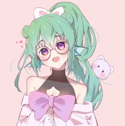 Rule 34 | 1girl, absurdres, bare shoulders, blush, bow, breasts, cleavage, cleavage cutout, clothing cutout, double bun, dress, finana ryugu, fins, glasses, green hair, hair bow, hair bun, head fins, heart, high ponytail, highres, long hair, looking at viewer, nijisanji, nijisanji en, off-shoulder dress, off shoulder, open mouth, pink background, purple eyes, rabbit-shaped eyewear, simple background, small breasts, solo, suirisoris