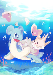 Rule 34 | animal focus, bad id, bad pixiv id, banchiku, blue background, blue eyes, blue theme, blush, brown eyes, bubble, coral, corsola, creatures (company), eye contact, fish, full body, game freak, gen 1 pokemon, gen 2 pokemon, gen 3 pokemon, happy, highres, lapras, light blush, light rays, looking at another, luvdisc, nintendo, no humans, open mouth, pokemon, pokemon (creature), smile, swimming, underwater, water