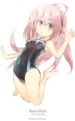 Rule 34 | 1girl, ahoge, barefoot, brown eyes, highres, jumping, konno takashi (frontier pub), long hair, one-piece swimsuit, original, pink hair, school swimsuit, shiny clothes, solo, swimsuit