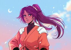 Rule 34 | 1girl, andythelemon, bleach, closed mouth, crescent moon, eyebrows, eyelashes, falling petals, female focus, highres, light blush, long hair, looking to the side, moon, orange eyes, petals, ponytail, purple hair, serious, shihouin yoruichi, solo, tan