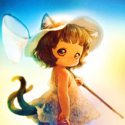 Rule 34 | 1girl, :3, alternate costume, animal ears, backlighting, bare shoulders, brown hair, butterfly net, cat ears, cat tail, chen, child, dress, ears through headwear, hand net, hat, looking at viewer, looking back, multiple tails, nekomata, short hair, smile, souri, sun hat, sundress, tail, touhou, yellow eyes, aged down