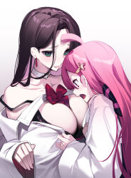 Rule 34 | 2girls, absurdres, ahoge, black bra, black hair, bow, bra, breasts, cleavage, collar, copyright request, earrings, green eyes, highres, jewelry, large breasts, long hair, long sleeves, looking at another, looking at breasts, multiple girls, off shoulder, open clothes, open mouth, parted lips, pink hair, red bow, red eyes, simple background, underwear, upper body, white collar, yaguo