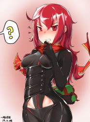 Rule 34 | 1girl, absurdres, asaquzi, bad id, bad pixiv id, black footwear, black gloves, bodysuit, boots, box, cowboy shot, dark knight (elsword), elesis (elsword), elsword, gift, gift box, gloves, highres, holding, holding gift, incoming gift, leotard, long hair, looking at viewer, red eyes, red hair, red scarf, scarf, solo