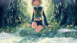 Rule 34 | 1girl, bad id, bad pixiv id, blonde hair, blue eyes, crying, crying with eyes open, enu 0426, grass, highres, kagamine rin, kneeling, navel, short hair, shorts, solo, tears, tree, vocaloid, water