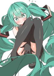 Rule 34 | 1girl, absurdres, aqua eyes, aqua hair, ass, black footwear, black skirt, black sleeves, blush, boots, bright pupils, commentary, covering privates, covering crotch, detached sleeves, embarrassed, flying sweatdrops, grey shirt, hair ornament, hatsune miku, highres, long hair, looking at viewer, pleated skirt, shirt, simple background, skirt, sleeveless, sleeveless shirt, solo, sweatdrop, symbol-only commentary, thigh boots, twintails, uruti 2388, very long hair, vocaloid, white background