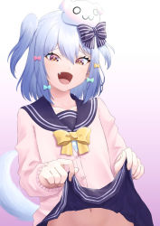 Rule 34 | 1boy, :d, aboreen, blue hair, blue skirt, bow, bowtie, brown eyes, cardigan, clothes lift, cowboy shot, dog hair ornament, dog tail, fang, hair bow, hair ornament, inuyama tamaki, lifting own clothes, male focus, navel, noripro, open mouth, pink cardigan, sailor collar, school uniform, serafuku, skirt, skirt lift, smile, smug, tail, trap, two side up, virtual youtuber, yellow bow, yellow bowtie