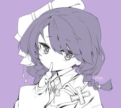 Rule 34 | 1girl, absurdres, azur lane, beret, braid, braided ponytail, cross, dress shirt, eyelashes, finger to mouth, hat, highres, index finger raised, iron cross, jacket, looking at viewer, mkiiiiii, monochrome, purple background, ribbon, shirt, side ponytail, signature, small hands