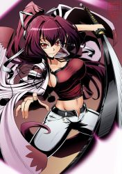 Rule 34 | 1girl, belt, breasts, camisole, cleavage, facing viewer, foreshortening, grin, hair intakes, hair ribbon, highres, jacket, jacket on shoulders, katana, large breasts, long hair, looking at viewer, midriff, navel, ponytail, purple hair, red eyes, ribbon, shirt, sideboob, slit pupils, smile, solo, sword, taut clothes, taut shirt, unbuttoned, under night in-birth, vermillion dice, very long hair, weapon, yuzuriha (under night in-birth)
