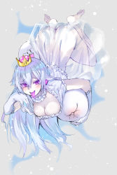 Rule 34 | 1girl, ass, blush, boo (mario), breasts, cleavage, covering face, danimaru, dress, earrings, elbow gloves, floating, gloves, highres, jewelry, large breasts, long hair, looking at viewer, luigi&#039;s mansion, mario (series), new super mario bros. u deluxe, nintendo, no panties, princess king boo, purple eyes, see-through, silver hair, super crown, tongue, tongue out, white dress, white gloves