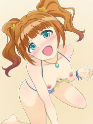 Rule 34 | 1girl, artist request, bikini, blue eyes, blush, breasts, breasts out, brown hair, highres, idolmaster, idolmaster (classic), long hair, looking at viewer, nipples, open mouth, solo, swimsuit, takatsuki yayoi, twintails