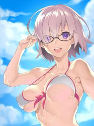 Rule 34 | 1girl, :d, adapted uniform, arm up, armpits, bare arms, bare shoulders, bikini, blue sky, breasts, cloud, collarbone, day, eyes visible through hair, fate/grand order, fate (series), front-tie bikini top, front-tie top, glasses, hair over one eye, halterneck, highres, looking at viewer, mash kyrielight, mash kyrielight (swimsuit of perpetual summer), medium breasts, official alternate costume, open mouth, pink hair, pink ribbon, purple eyes, ribbon, round teeth, sage joh, short hair, sky, smile, solo, strap gap, swimsuit, tareme, teeth, underboob, unfinished, upper body