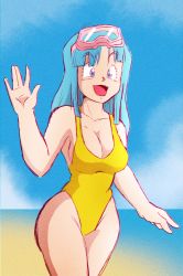 Rule 34 | 1girl, absurdres, artist request, bare shoulders, beach, blue eyes, blue hair, blue sky, bouncing breasts, breasts, casual one-piece swimsuit, cleavage, curvy, derivative work, diving mask, diving mask on head, dragon ball, dragonball z, goggles, goggles on head, happy, highleg, highleg swimsuit, highres, large breasts, long hair, looking at viewer, maron (dragon ball), maron redraw challenge (meme), medium breasts, meme, meme attire, one-piece swimsuit, salute, screenshot redraw, shiny skin, sky, smile, solo, swimsuit, water, wide hips, yellow one-piece swimsuit