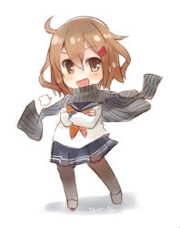 Rule 34 | 10s, 1girl, :d, blush, breath, brown eyes, brown hair, crossed arms, hair ornament, hairclip, ikazuchi (kancolle), kantai collection, meme attire, naruse chisato, open-chest sweater, open mouth, pantyhose, ribbed sweater, school uniform, serafuku, smile, solo, sweater, wardrobe error, white background, you&#039;re doing it wrong