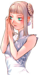 Rule 34 | 1girl, aqua eyes, bare shoulders, blunt bangs, blush, braid, braided bun, china dress, chinese clothes, dress, hair bun, lips, original, own hands clasped, own hands together, sakamoto mineji, short hair, silver hair, simple background, solo, upper body