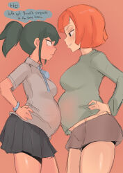 2girls absurdres belly-to-belly blunt_bangs blunt_ends blush breasts bright_pupils cafin cowboy_shot dark-skinned_female dark_skin english_text female_focus from_side girlfriend_(yoru_mac) green_eyes green_hair green_sweater grin hands_on_own_hips highres large_breasts looking_at_another mature_female miniskirt mother_(yoru_mac) multiple_girls orange_hair pregnant profile rivalry sanpaku short_ponytail short_shorts shorts sidelocks simple_background sketch skirt smile standing sweater yoru_mac