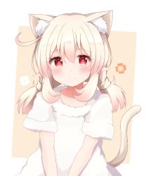 Rule 34 | 1girl, ahoge, alternate costume, animal ears, blush, cat ears, cat girl, cat tail, clover print, commentary request, extra ears, fur shirt, genshin impact, hair between eyes, highres, kemonomimi mode, klee (genshin impact), light brown hair, long hair, looking at viewer, low twintails, orange eyes, pointy ears, shirt, short sleeves, sidelocks, simple background, smile, solo, tail, tutsucha illust, twintails, two-tone background, v arms, white shirt