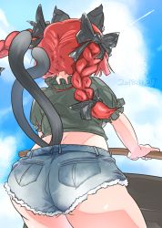 Rule 34 | alternate costume, animal ears, braid, cat ears, cat tail, cloud, cloudy sky, commentary request, dated, day, denim, denim shorts, holding, holding behind back, kaenbyou rin, midriff, multiple tails, qralto, red hair, short shorts, shorts, sky, tail, touhou, twin braids, twintails, two tails, wheelbarrow
