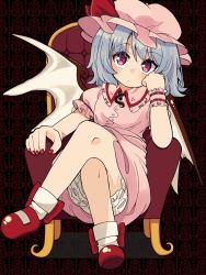 Rule 34 | 1girl, arm support, armchair, bat wings, blue hair, bobby socks, bow, breasts, buttons, chair, closed mouth, collared dress, commentary request, crossed legs, dress, eyes visible through hair, footwear bow, full body, hat, hat bow, highres, looking at viewer, mary janes, mob cap, nail polish, pink dress, pink eyes, red bow, red nails, remilia scarlet, shoes, short hair, single wrist cuff, sitting, small breasts, socks, solo, touhou, wings, wrist cuffs, yamase