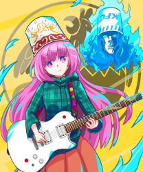 Rule 34 | 1boy, 1girl, adapted costume, blue hoodie, bubble skirt, bucket, bucket of chicken, bucket on head, buckethead, closed mouth, cowboy shot, electric guitar, expressionless, eyelashes, gibson les paul, guitar, hata no kokoro, highres, holding, holding instrument, hood, hoodie, instrument, kfc, long hair, long sleeves, looking at viewer, music, object on head, okema, orange skirt, pink eyes, pink hair, plaid, plaid hoodie, playing instrument, real life, skirt, touhou, very long hair, zipper pull tab