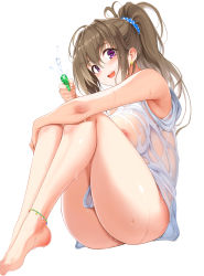 Rule 34 | 1girl, absurdres, ass, bare arms, bare legs, barefoot, blue scrunchie, breasts, brown hair, comic bavel, earrings, hair between eyes, hair ornament, hair scrunchie, highres, holding, jewelry, knees up, kyokucho, large breasts, looking at viewer, naked shirt, nipples, ponytail, purple eyes, scrunchie, see-through, shirt, simple background, sitting, sleeveless, sleeveless shirt, smile, solo, thighs, water gun, wet, wet clothes, wet shirt, white background, white shirt