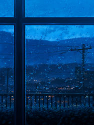 Rule 34 | blue theme, blurry, city, city lights, cloud, cola (gotouryouta), commentary, dark, depth of field, dusk, highres, hill, indoors, no humans, original, plant, power lines, railing, rain, scenery, sky, utility pole, water drop, window