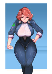Rule 34 | 1girl, bodysuit, breasts, closed mouth, clover, forehead, fortune (last origin), four-leaf clover, ghgnvm, highres, huge breasts, impossible clothes, last origin, nipples, parted bangs, red eyes, red hair, shiny clothes, shiny skin, shirt, short hair, solo, thick thighs, thighs, tight clothes, wet, wet clothes, wet shirt