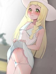 Rule 34 | 1girl, against wall, blonde hair, blurry, blurry background, blush, breasts, closed mouth, clothes lift, cowboy shot, creatures (company), dress, dress lift, game freak, gatchan, green eyes, hat, highres, lifting own clothes, lillie (pokemon), long hair, looking at viewer, navel, nintendo, panties, pokemon, pokemon sm, raised eyebrows, short dress, small breasts, solo, stomach, sweat, tearing up, underwear, white dress, white hat, white panties
