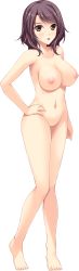 Rule 34 | 1girl, :o, barefoot, blush, breasts, brown hair, collarbone, completely nude, copyright request, full body, hand on own hip, highres, large breasts, looking at viewer, navel, nipples, no pussy, nude, red eyes, short hair, solo, standing, transparent background