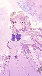 Rule 34 | 1girl, absurdres, angel wings, blue archive, blush, capelet, closed mouth, double bun, dress, feathered wings, flower, hair bun, hair flower, hair ornament, halo, highres, long hair, looking at viewer, mika (blue archive), pink hair, purple flower, purple halo, single side bun, solo, ume (plumblossom), white capelet, white dress, white wings, wings, yellow eyes