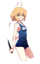 Rule 34 | 1girl, ahoge, bad id, bad pixiv id, blonde hair, breasts, combat knife, knife, one-piece swimsuit, original, school swimsuit, short hair, simple background, solo, swimsuit, weapon, white background, yellow eyes, yui (niikyouzou)