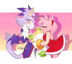 Rule 34 | 2girls, absurdres, amy rose, backless dress, backless outfit, blaze the cat, blush, bouquet, closed eyes, dress, eyelashes, flower, forehead jewel, fur-trimmed gloves, fur trim, furry, furry female, gloves, hairband, highres, indigonite, jacket, jewelry, multiple girls, pants, pink fur, ponytail, purple fur, purple jacket, red dress, smile, sonic (series), tail, tail wagging, white pants, yellow eyes, yuri
