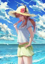 Rule 34 | 1girl, absurdres, alternate costume, alternate hairstyle, arknights, bare legs, bird, blue sky, breasts, cloud, commentary, cowboy shot, demon horns, eating, flower, food, green shorts, hand on own hip, hat, hat flower, hibiscus, highres, holding, holding food, horns, medium hair, midriff peek, navel, ocean, outdoors, pink flower, ponytail, popsicle, purple eyes, red hair, renkon logistics, scrunchie, shaded face, shirt, shorts, sidelocks, sky, small breasts, solo, summer, sun hat, surtr (arknights), t-shirt, white shirt, yellow hat