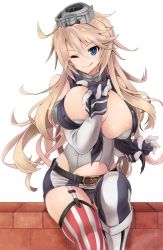 Rule 34 | 10s, 1girl, asahi (fullmetal madness), belt, blonde hair, blue eyes, boots, breasts, cover, cover page, elbow gloves, fingerless gloves, garter straps, gloves, iowa (kancolle), kantai collection, knee boots, large breasts, long hair, miniskirt, one eye closed, panties, pantyshot, sitting, skirt, solo, striped clothes, striped skirt, striped thighhighs, thighhighs, underwear, vertical-striped clothes, vertical-striped skirt, vertical-striped thighhighs