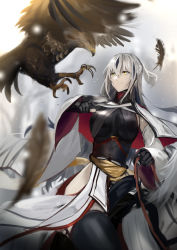 Rule 34 | 1girl, bird, black gloves, black thighhighs, blurry, blurry foreground, breasts, cape, closed mouth, clothing request, commentary, crossed bangs, fate/grand order, fate (series), feathers, gloves, hair between eyes, hawk, holding, horse, jikihatiman, large breasts, light particles, long hair, looking at another, nagao kagetora (fate), outdoors, riding, sitting, solo, thighhighs, thighs, white hair, white horse, yellow eyes