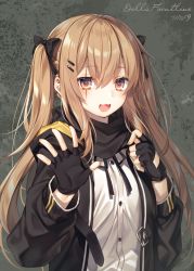 Rule 34 | 1girl, :d, armband, black gloves, black jacket, black ribbon, blush, breasts, brown eyes, brown hair, buttons, character name, fingerless gloves, girls&#039; frontline, gloves, hair between eyes, hair ornament, hairclip, hand up, highres, hood, hood down, hooded jacket, jacket, long hair, long sleeves, looking at viewer, medium breasts, neck ribbon, open clothes, open jacket, open mouth, ribbon, scar, scar across eye, scar on face, scarf, shirt, sidelocks, signature, smile, solo, toosaka asagi, twintails, ump9 (girls&#039; frontline), upper body, white shirt