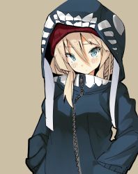Rule 34 | 10s, 1girl, abyssal ship, bad id, bad twitter id, bismarck (kancolle), blue eyes, female focus, hands in pockets, hood, hoodie, iwasaki takashi, kantai collection, looking at viewer, platinum blonde hair, simple background, solo, upper body, wo-class aircraft carrier, zipper