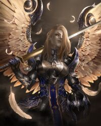 Rule 34 | 1girl, absurdres, armor, baldur&#039;s gate, baldur&#039;s gate 3, blonde hair, boobplate, breastplate, brown background, caio santos, chainmail, commentary, cowboy shot, cracked skin, dame aylin, dungeons &amp; dragons, falling feathers, faulds, feathered wings, feathers, gauntlets, hair over one eye, helmet, highres, holding, holding helmet, holding sword, holding weapon, looking at viewer, medium hair, one eye covered, over shoulder, pauldrons, realistic, shoulder armor, smile, solo, standing, sword, unworn headwear, unworn helmet, weapon, weapon over shoulder, wing armor, wings, yellow eyes