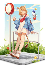 Rule 34 | 1girl, 9yuki, :d, ^ ^, against railing, animal ears, warrior of light (ff14), bare shoulders, blonde hair, blue jacket, boots, braid, bubble tea, cat ears, cat girl, cat tail, clock, closed eyes, creature, crown braid, cup, disposable cup, drinking straw, elbow patches, fanny pack, final fantasy, final fantasy xiv, flower, flying, full body, grass, highres, jacket, leaning back, against railing, long shirt, long sleeves, miqo&#039;te, off shoulder, open mouth, puffy long sleeves, puffy sleeves, railing, shirt, short hair, sleeveless, sleeveless shirt, smile, street clock, tail, white footwear, white shirt, yellow flower