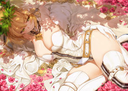 Rule 34 | 10s, 1girl, bare shoulders, blonde hair, boots, breasts, bridal veil, cleavage, elbow gloves, fate/extra, fate/extra ccc, fate/grand order, fate (series), flower, gloves, green eyes, hair flower, hair ornament, jewelry, large breasts, leotard, lying, necklace, nero claudius (bride) (fate), nero claudius (bride) (second ascension) (fate), nero claudius (fate), nero claudius (fate) (all), on side, petals, smile, solo, thigh boots, thighhighs, thighs, veil, white gloves, white thighhighs, yd (orange maru)