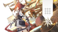 Rule 34 | 1girl, animal ears, arknights, black dress, brown eyes, commentary request, dress, flametail (arknights), from side, gauntlets, hair between eyes, highres, holding, holding sword, holding weapon, instrument, profile, red hair, short hair, simple background, solo, sword, trumpet, weapon, white background